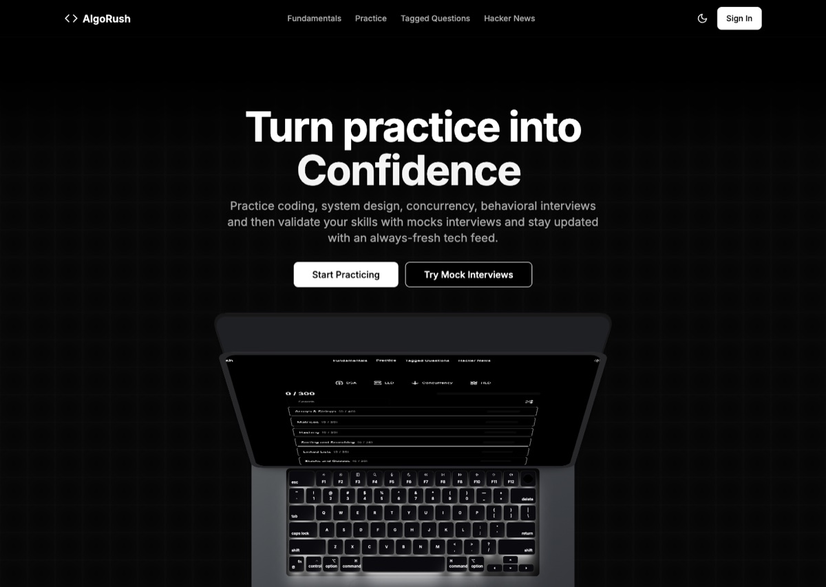 The live AlgoRush platform, showing its interview practice experience