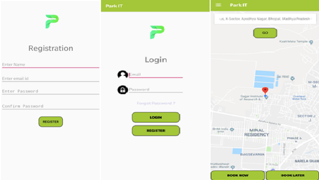 Three Android screens: registration, login and the main booking page