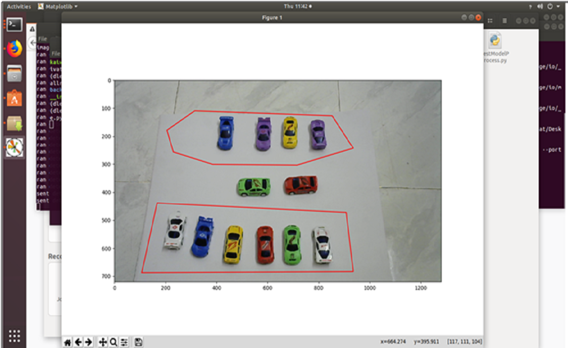 Mask R-CNN detection overlay marking occupied and vacant parking bays